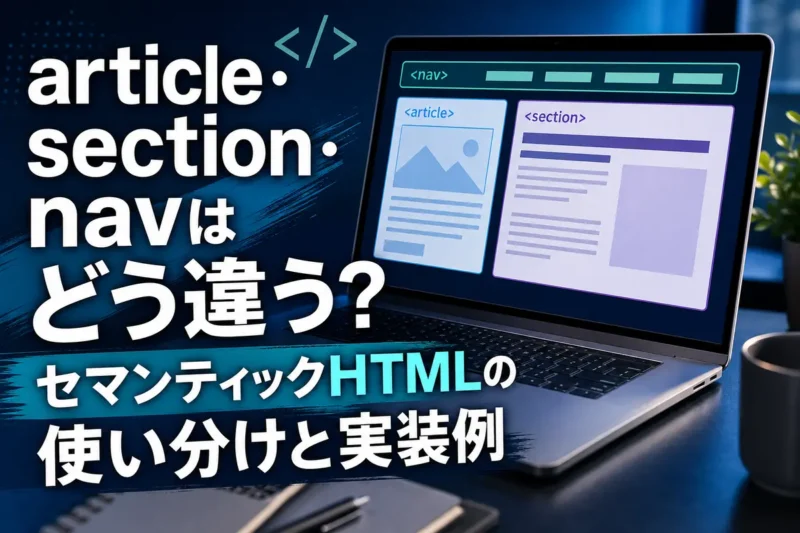 セマンティックHTMLで構造化されたWebページを表示するノートパソコン。