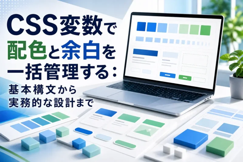 CSS変数で色と余白を管理するWeb開発画面のイメージ。