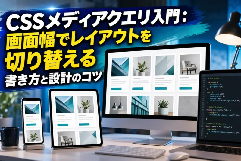 スマートフォンからPCまで画面幅に応じて変化するWebレイアウトのイメージ。