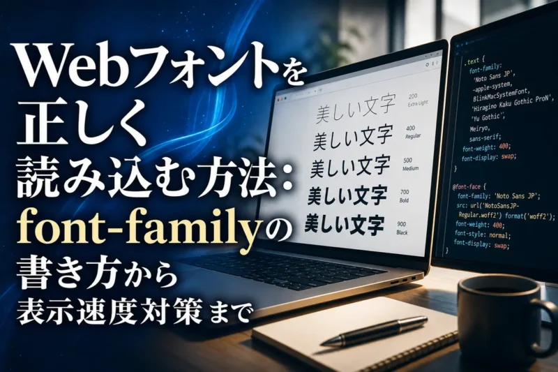 Webフォントの表示例とCSSコードを並べた開発画面。